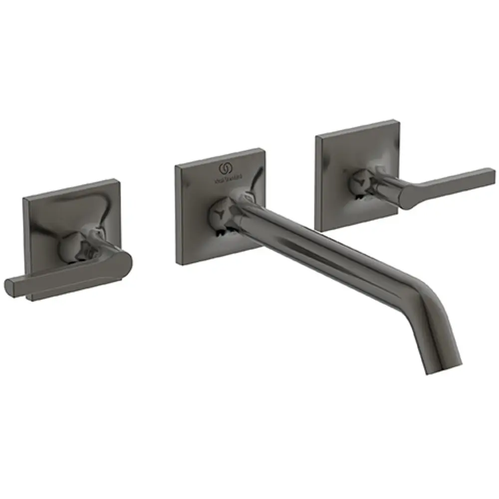 Wand-Wasserarmatur mit zwei Hebelgriffen in Magnetic Grey, hergestellt von Ideal Standard, ausgestattet mit einem langen Auslauf und quadratischem Design.